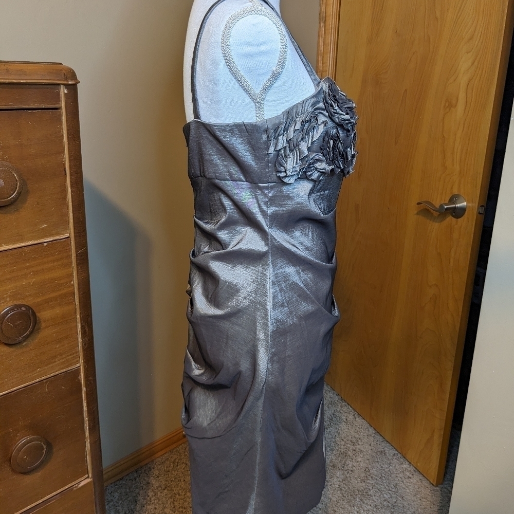 R&M RICHARDS Ruched Silver Rose Ruffle Midi Cocktail Dress - Picture 2 of 13